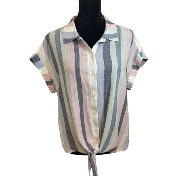Sanctuary | Striped Borrego Cotton Linen Blend Tie-Front Button Down Shirt - Picture 1 of 9